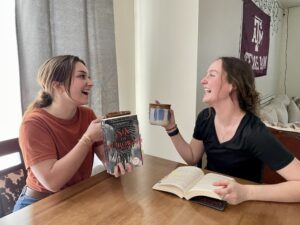 Me and Mandi discussing Six of Crows and having some coffee.